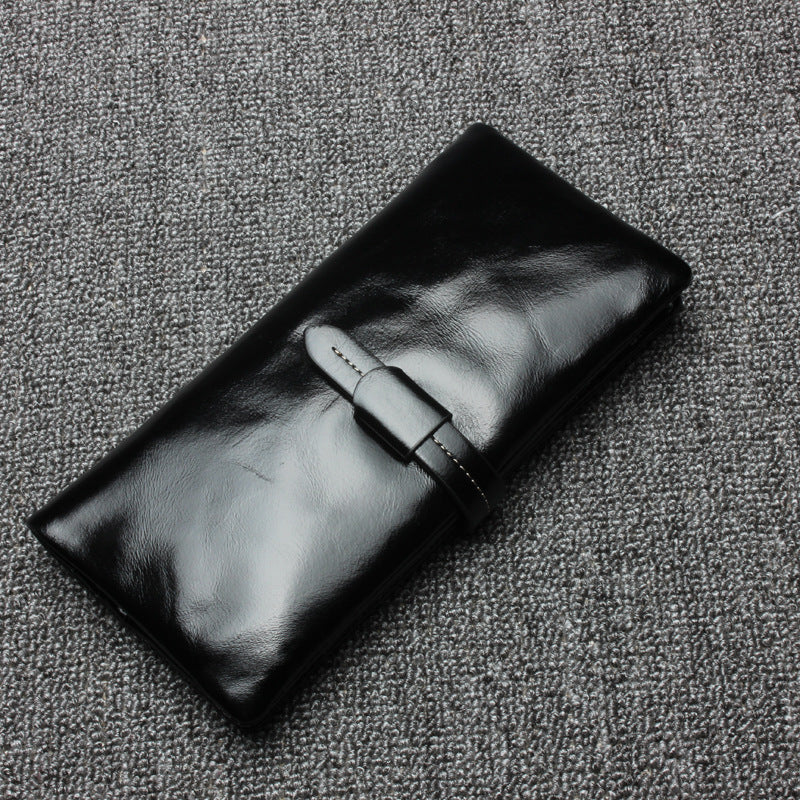 RFID Plain Farbe Lange Brieftasche Frauen Öl Wachs Leder Geldbörse - Schwarz - image 9