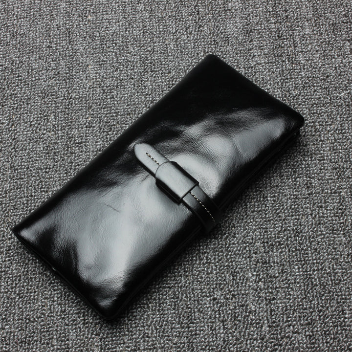 RFID Plain Farbe Lange Brieftasche Frauen Öl Wachs Leder Geldbörse - Schwarz - image 9