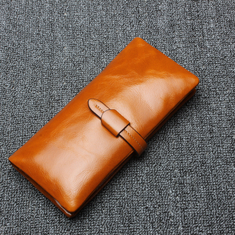 RFID Plain Farbe Lange Brieftasche Frauen Öl Wachs Leder Geldbörse