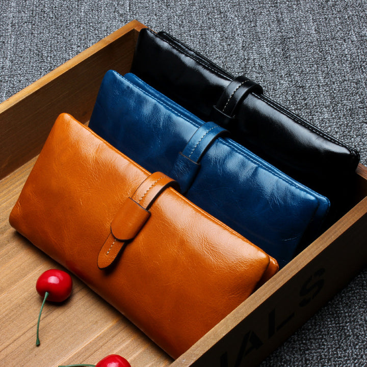RFID Plain Farbe Lange Brieftasche Frauen Öl Wachs Leder Geldbörse