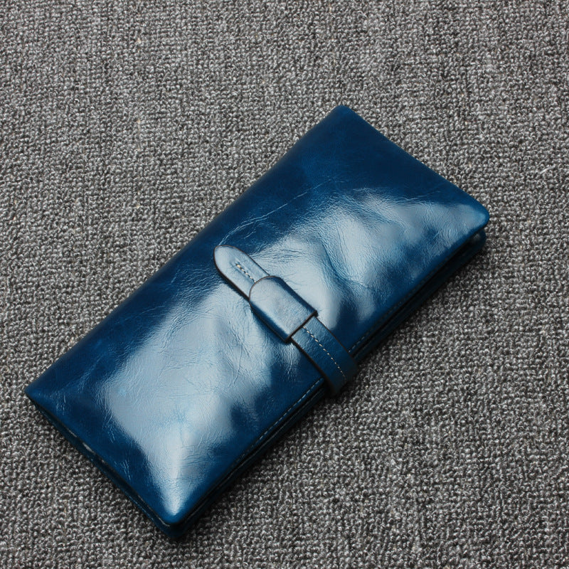 RFID Plain Farbe Lange Brieftasche Frauen Öl Wachs Leder Geldbörse - Dunkelblau - image 11