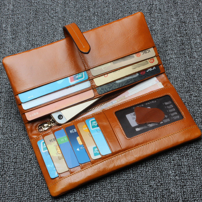 RFID Plain Farbe Lange Brieftasche Frauen Öl Wachs Leder Geldbörse