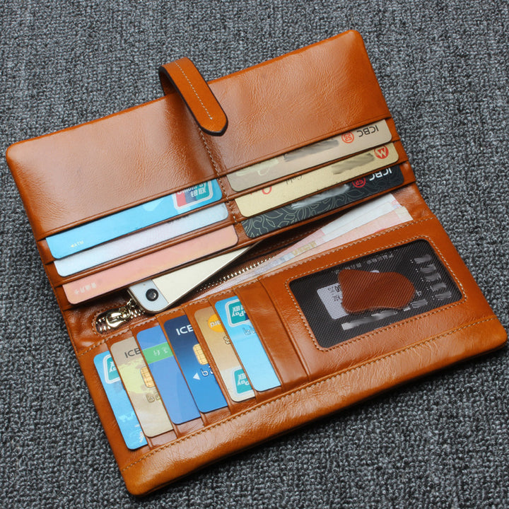RFID Plain Farbe Lange Brieftasche Frauen Öl Wachs Leder Geldbörse
