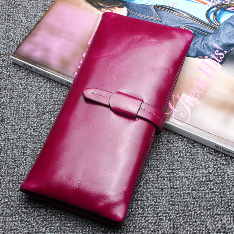 RFID Plain Farbe Lange Brieftasche Frauen Öl Wachs Leder Geldbörse - MittelViolettRot - image 10