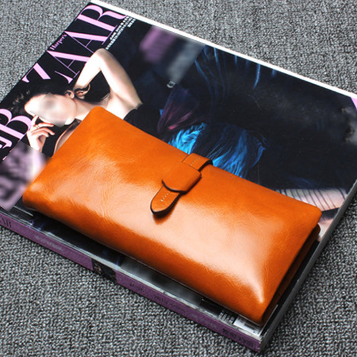 RFID Plain Farbe Lange Brieftasche Frauen Öl Wachs Leder Geldbörse