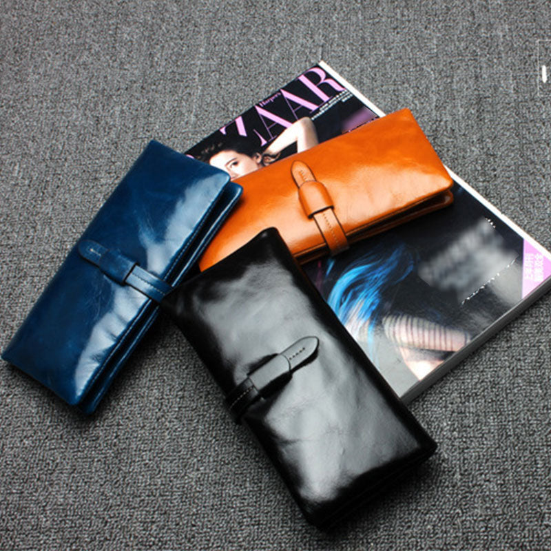 RFID Plain Farbe Lange Brieftasche Frauen Öl Wachs Leder Geldbörse