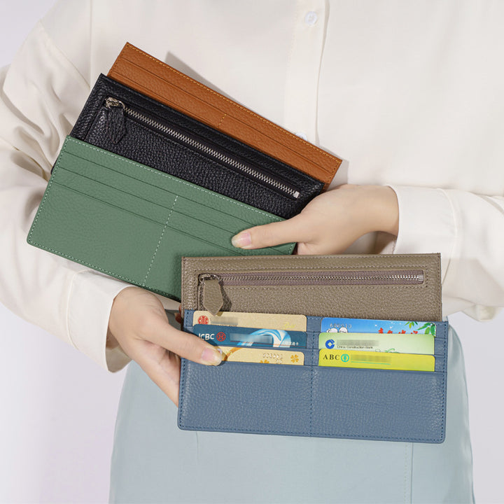 Ultradünne Lederbrieftasche in schlichter Farbe, lange Geldbörse für Damen