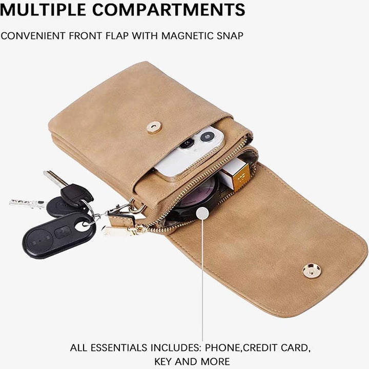 Elegante Leder-Telefontasche mit zwei Fächern, Umhängetasche für Damen