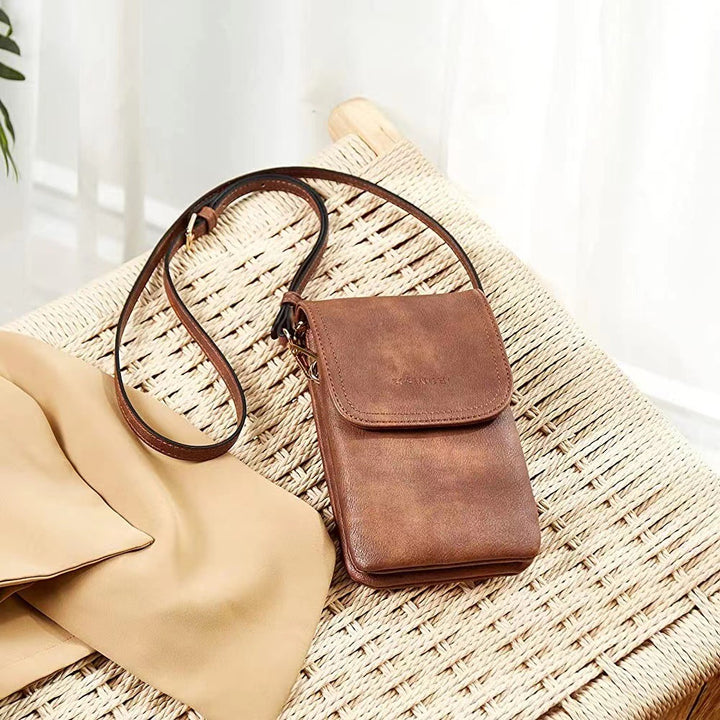 Elegante Leder-Telefontasche mit zwei Fächern, Umhängetasche für Damen