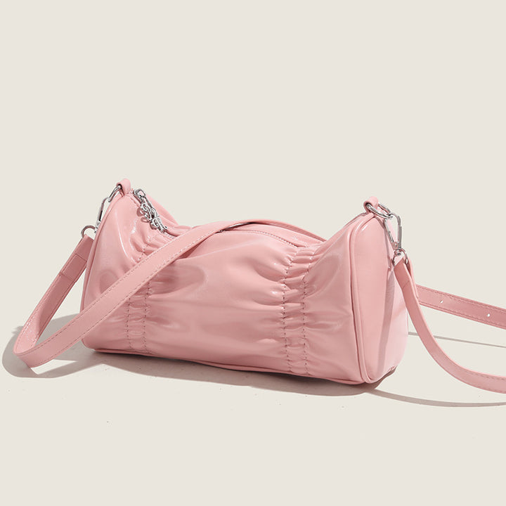 Horizontale, plissierte Umhängetasche aus einfarbigem Leder für Damen