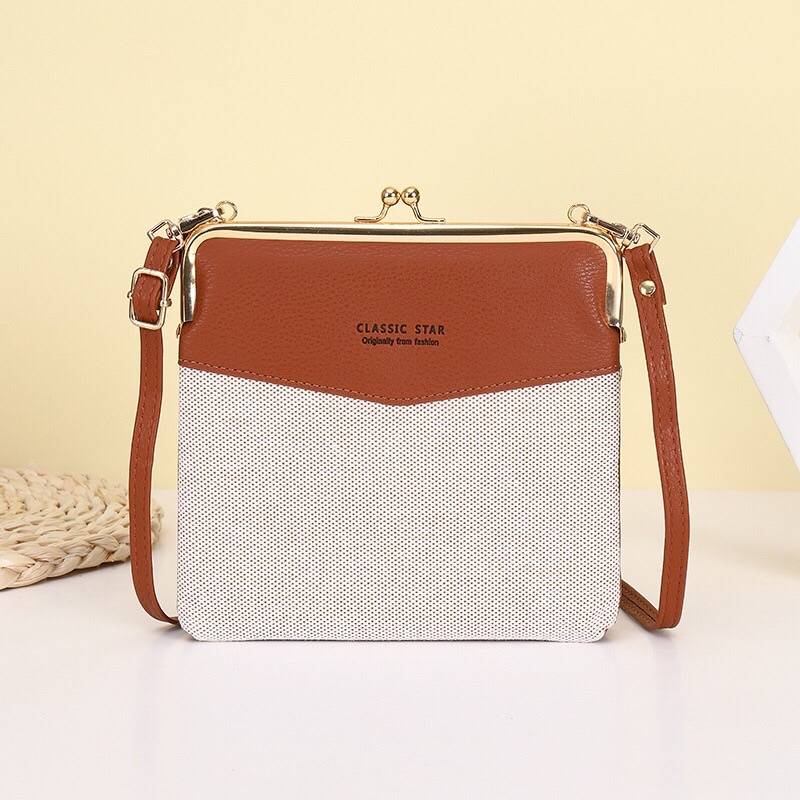 Leder-Crossbody-Handtasche für Damen mit zwei Fächern und Kiss Lock-Umhängetasche