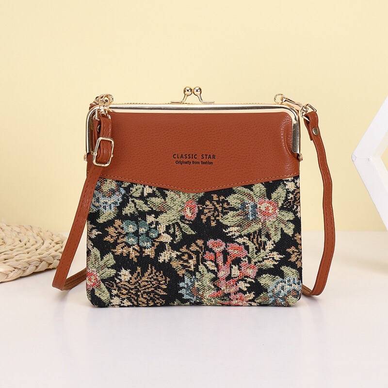 Leder-Crossbody-Handtasche für Damen mit zwei Fächern und Kiss Lock-Umhängetasche
