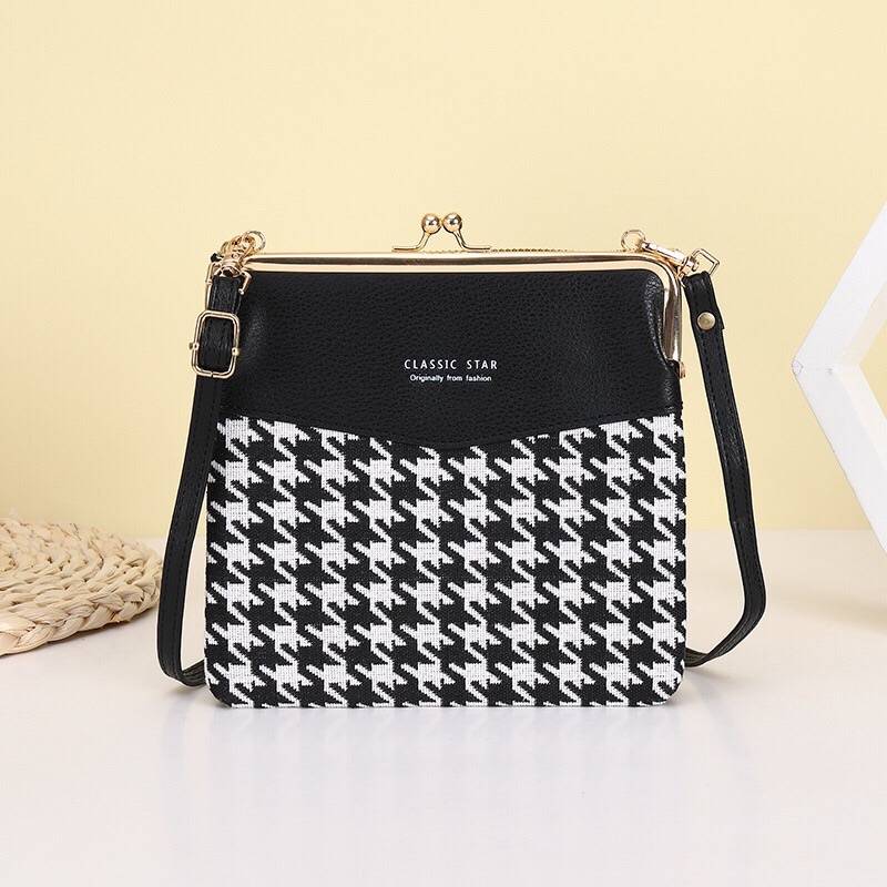 Leder-Crossbody-Handtasche für Damen mit zwei Fächern und Kiss Lock-Umhängetasche