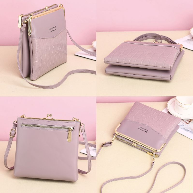 Leder-Crossbody-Handtasche für Damen mit zwei Fächern und Kiss Lock-Umhängetasche