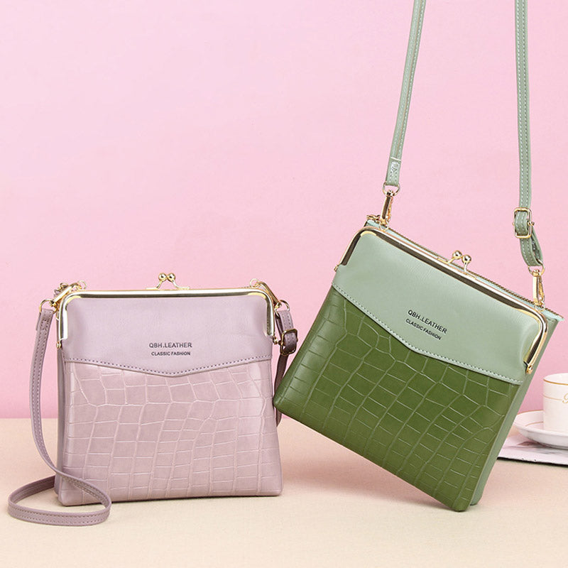 Leder-Crossbody-Handtasche für Damen mit zwei Fächern und Kiss Lock-Umhängetasche