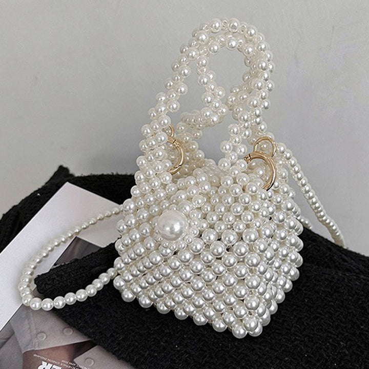 Elegante Perlen-Eimer-Geldbörse für Damen, Weiß Mini-Handtasche