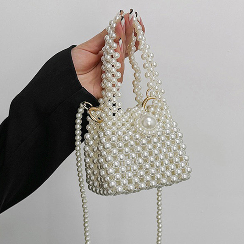 Elegante Perlen-Eimer-Geldbörse für Damen, Weiß Mini-Handtasche