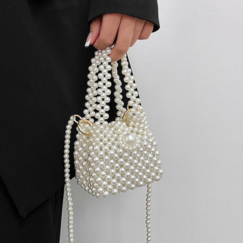 Elegante Perlen-Eimer-Geldbörse für Damen, Weiß Mini-Handtasche