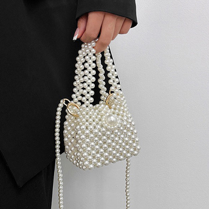 Elegante Perlen-Eimer-Geldbörse für Damen, Weiß Mini-Handtasche