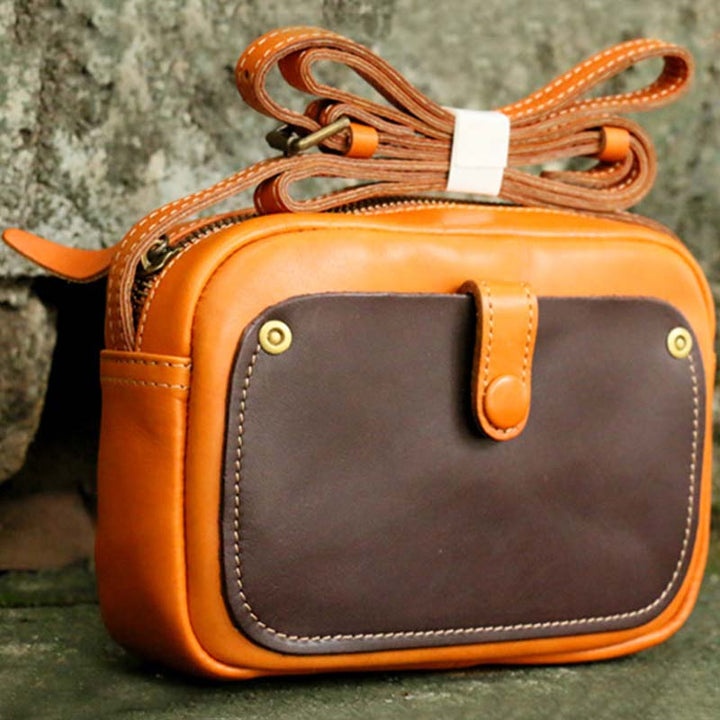Vintage Umhängetasche für Damen in Kontrastfarbe, Geldbörse aus echtem Leder