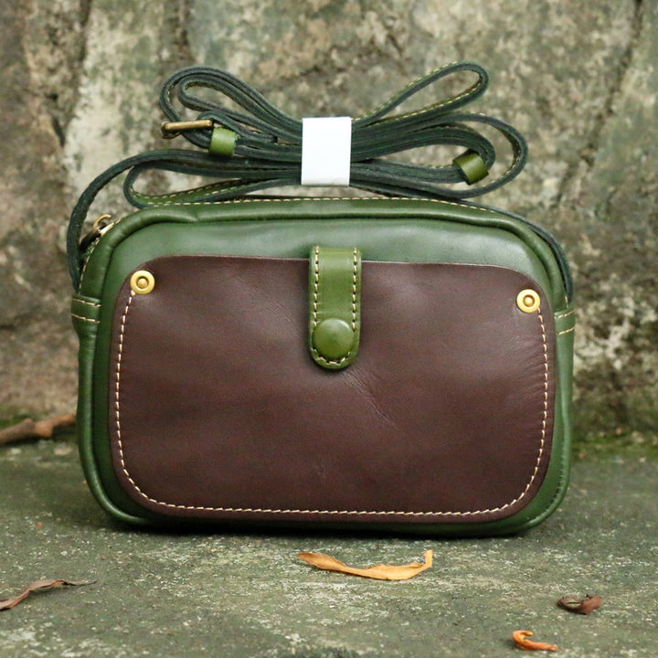 Vintage Umhängetasche für Damen in Kontrastfarbe, Geldbörse aus echtem Leder