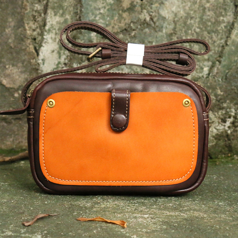 Vintage Umhängetasche für Damen in Kontrastfarbe, Geldbörse aus echtem Leder