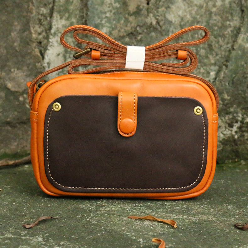 Vintage Umhängetasche für Damen in Kontrastfarbe, Geldbörse aus echtem Leder