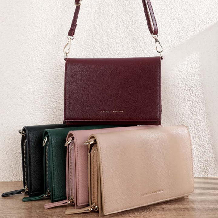 Handytasche mit drei Fächern für Damen, große horizontale Umhängetasche