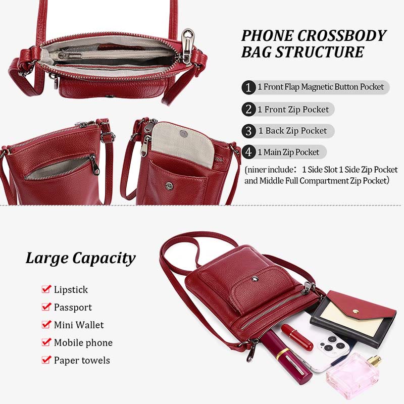 Handytasche mit mehreren Taschen für Damen aus echtem Leder
