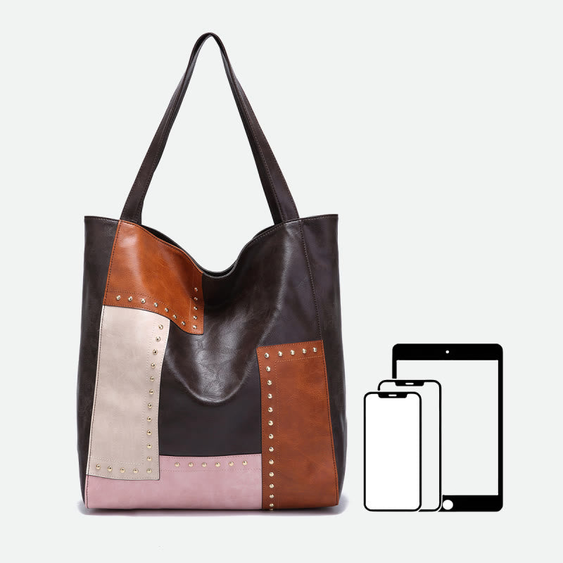 Retro-Tragetasche für Damen, große Kapazität, Spleißleder, Handtasche, Schultertasche