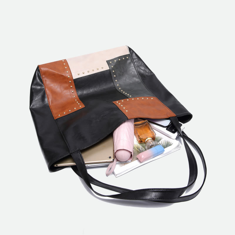 Retro-Tragetasche für Damen, große Kapazität, Spleißleder, Handtasche, Schultertasche