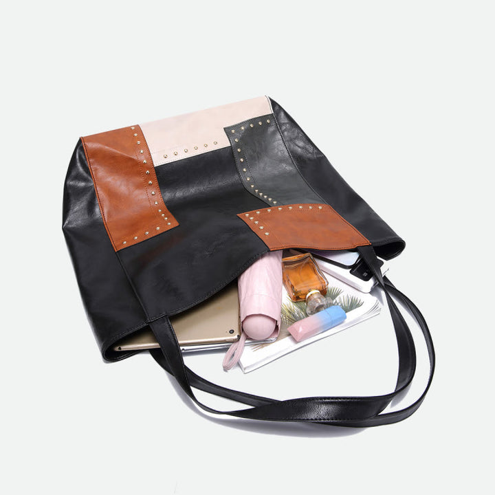Retro-Tragetasche für Damen, große Kapazität, Spleißleder, Handtasche, Schultertasche