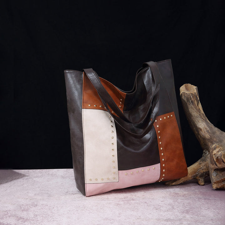 Retro-Tragetasche für Damen, große Kapazität, Spleißleder, Handtasche, Schultertasche
