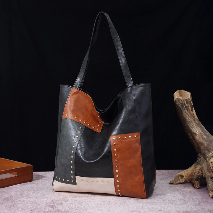 Retro-Tragetasche für Damen, große Kapazität, Spleißleder, Handtasche, Schultertasche