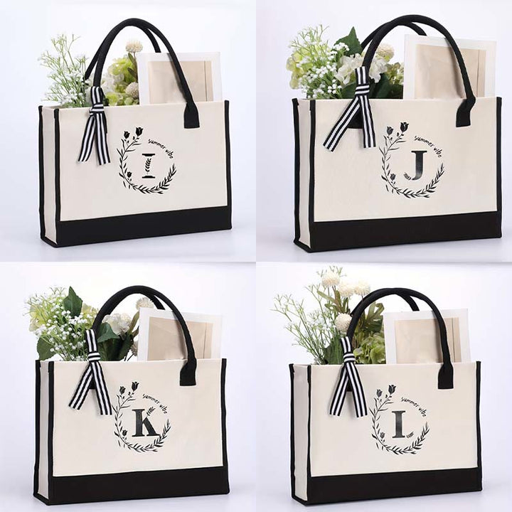 Personalisierte Einkaufstasche aus Canvas mit Blumenmuster und Initialen