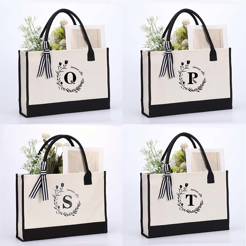 Personalisierte Einkaufstasche aus Canvas mit Blumenmuster und Initialen