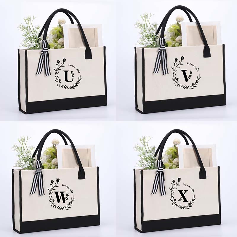 Personalisierte Einkaufstasche aus Canvas mit Blumenmuster und Initialen