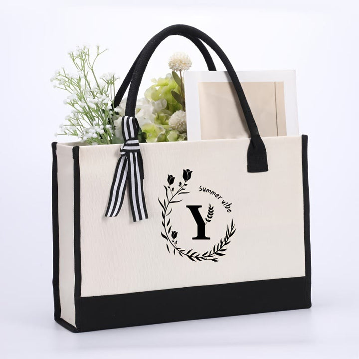 Personalisierte Einkaufstasche aus Canvas mit Blumenmuster und Initialen