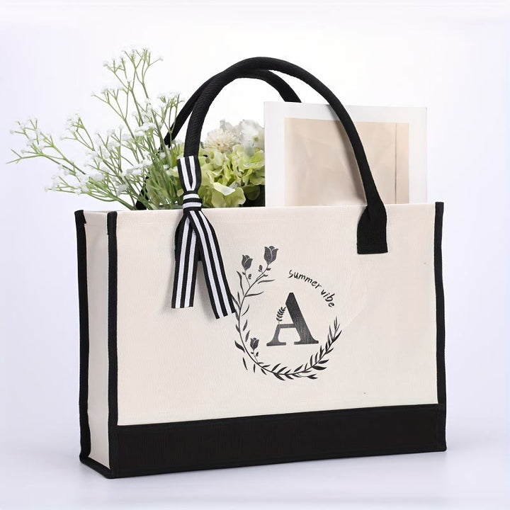 Personalisierte Einkaufstasche aus Canvas mit Blumenmuster und Initialen