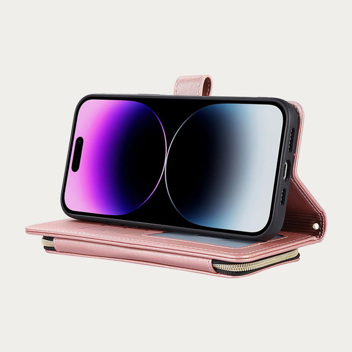 Handyhülle mit Reißverschluss und Clutch für iPhone, mit Umhängegurt und Handschlaufe