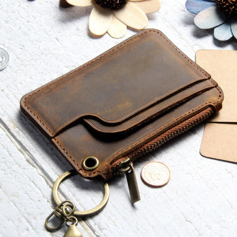 Kleine Geldbörse aus echtem Leder im Retro-Stil mit Reißverschluss und Schlüsselanhänger