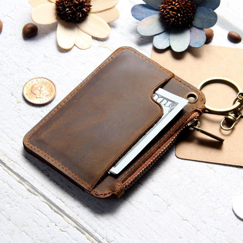Kleine Geldbörse aus echtem Leder im Retro-Stil mit Reißverschluss und Schlüsselanhänger