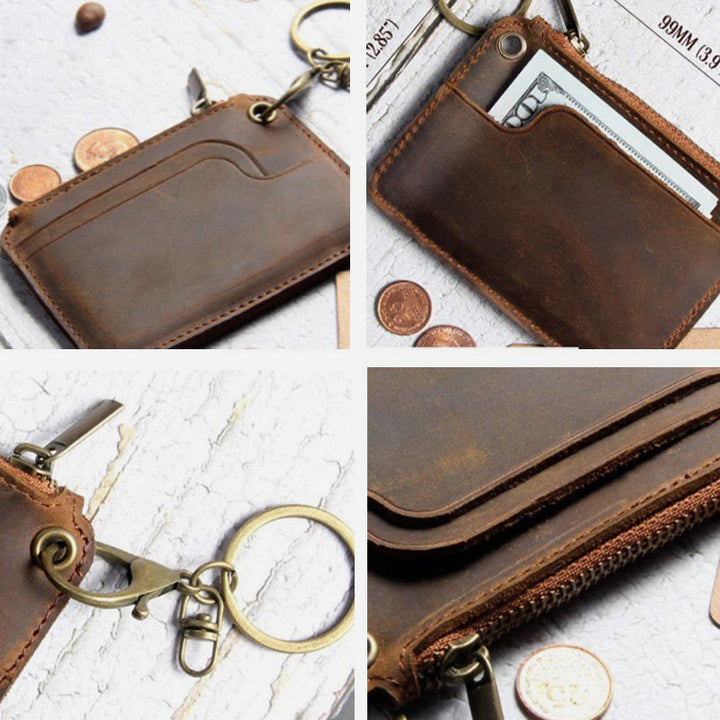 Kleine Geldbörse aus echtem Leder im Retro-Stil mit Reißverschluss und Schlüsselanhänger