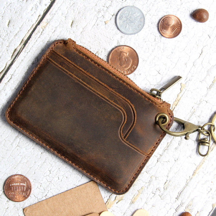 Kleine Geldbörse aus echtem Leder im Retro-Stil mit Reißverschluss und Schlüsselanhänger