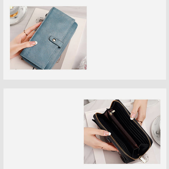 Damen Geldbörse aus Kunstleder mit Rundum-Reißverschluss, Clutch, Kreditkartenhalter