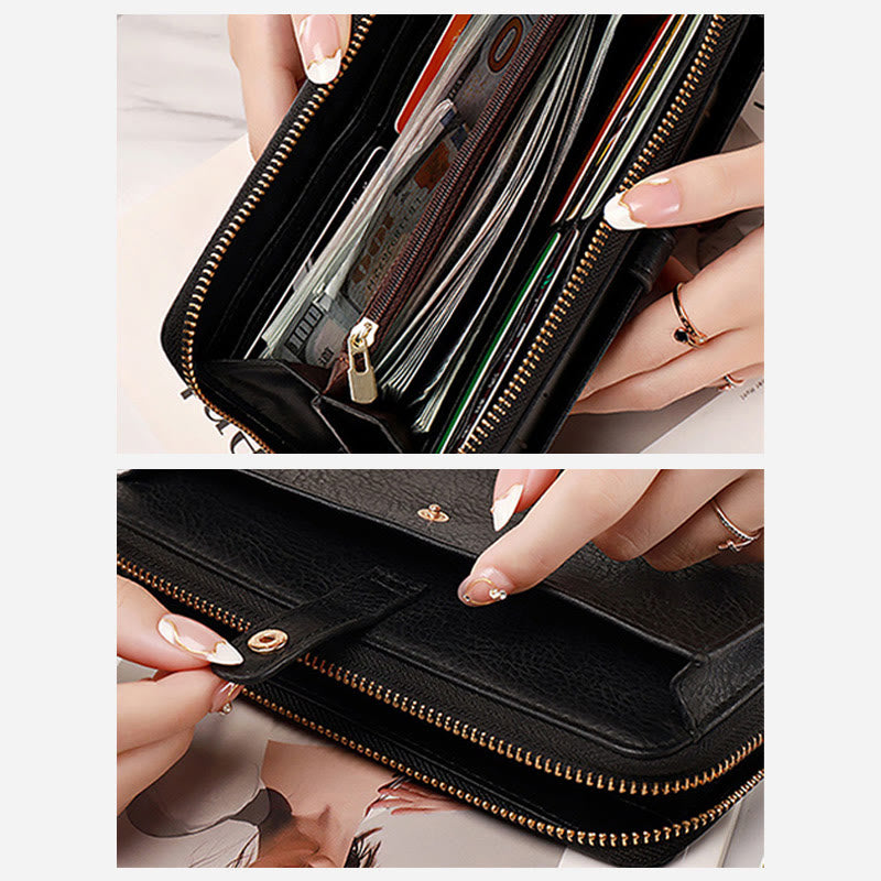 Damen Geldbörse aus Kunstleder mit Rundum-Reißverschluss, Clutch, Kreditkartenhalter