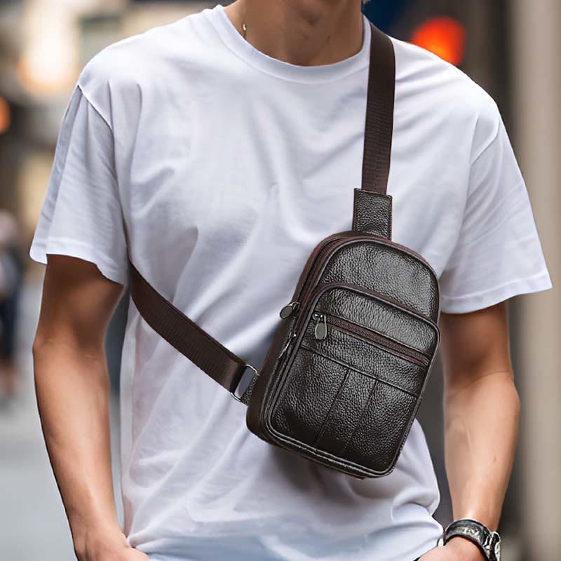 Echtes Leder Sling Bag Crossbody Brust Tasche Männer Outdoor Casual Reise Geldbörsen