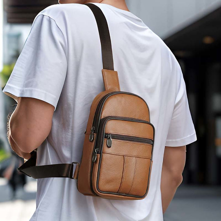 Echtes Leder Sling Bag Crossbody Brust Tasche Männer Outdoor Casual Reise Geldbörsen