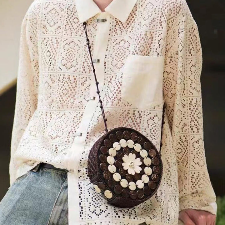 Handgemachte Kokosnussschale gewebte Telefontasche Floral Beach Party Crossbody Geldbörse