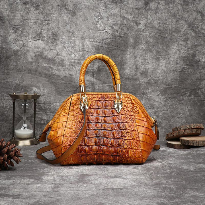Handtasche aus echtem Leder mit Alligator-Print, Henkeltasche oben und Umhängegurt